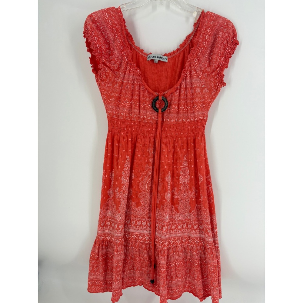 Almost Famous Orange Paisley Smocked Empire‎ Waist Ruffle Tiered Dress M